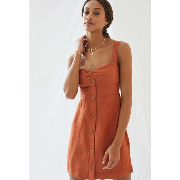 Anthropologie Maeve Twist Front Linen Mini Dress L | Terracotta Button Sundress - Picture 15 of 16